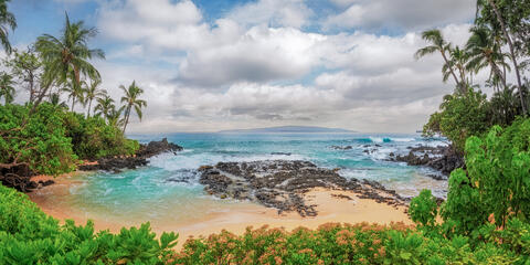 Lush green plants and palm trees frame a secluded golden cove with turquoise waves and lava rocks at Secret Beach in Maui.