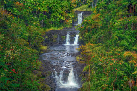 A fine art landscape photograph titled "Trifecta" showing the three distinct, cascading tiers of Umauma Falls nestled within a dense, lush tropical rainforest.